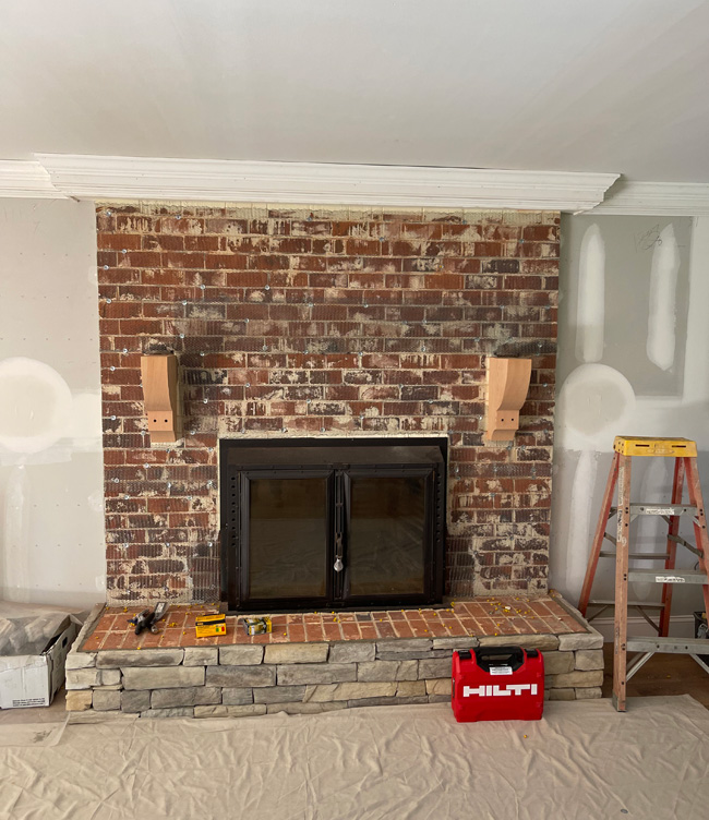 Painted Brick Fireplace Redesign In Progress