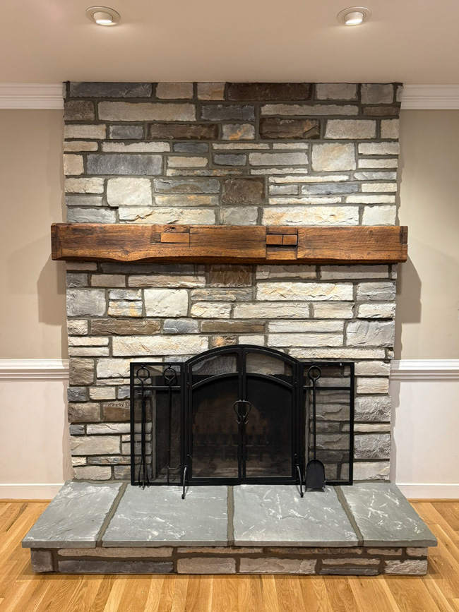 Painted Brick Fireplace to Stone Veneer Redesign